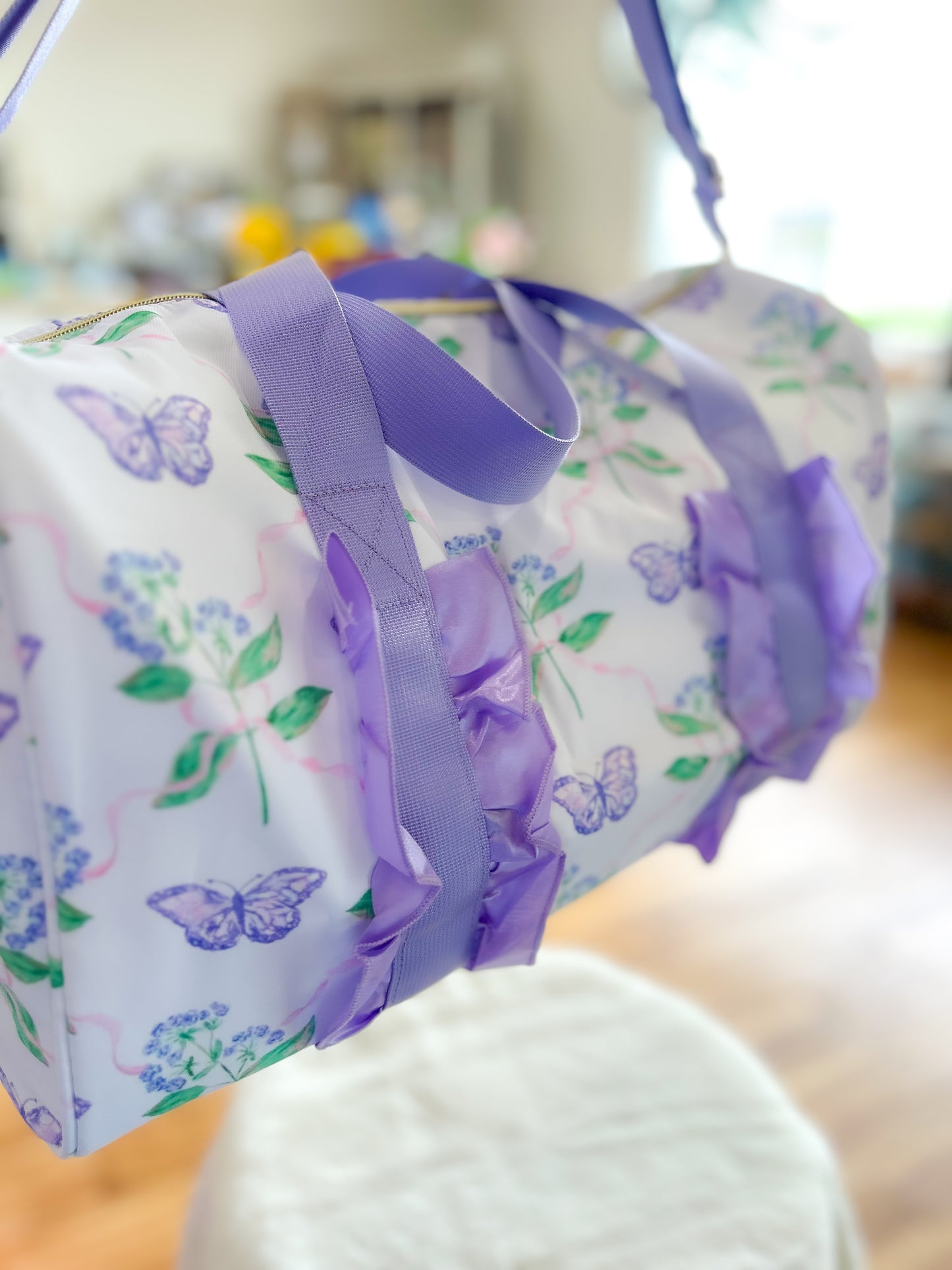 Lavender Ruffle Band Floral Butterfly Women Duffle Bag