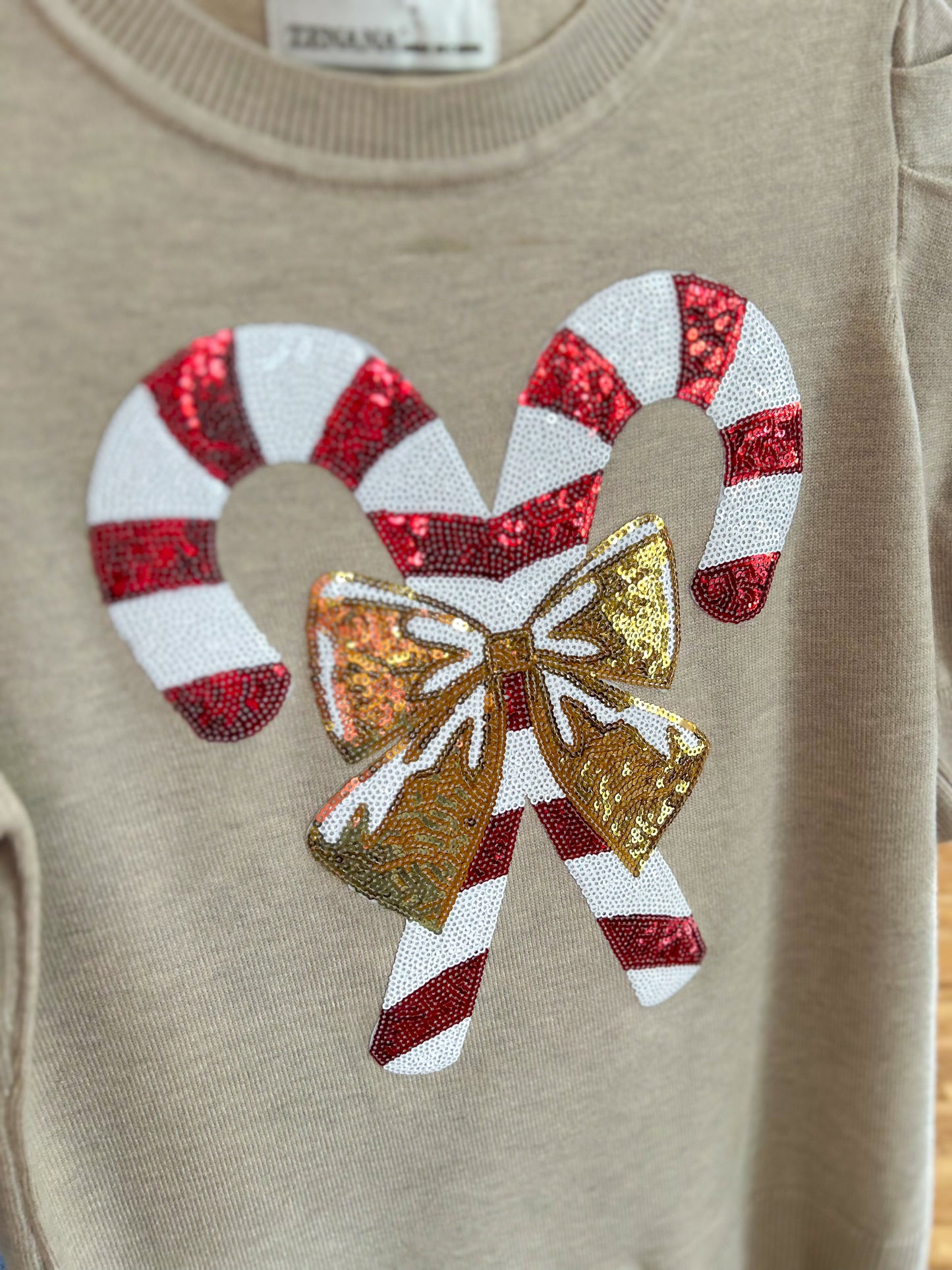 Candy Cane Short Sleeve Sweater- Heather Tan