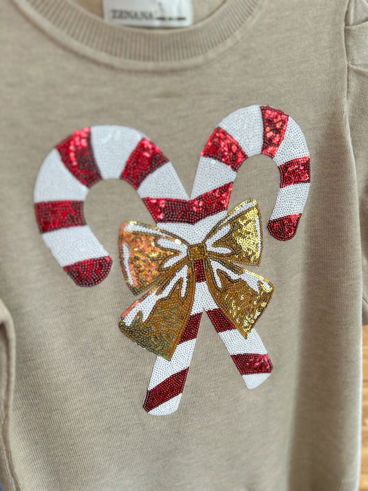 Candy Cane Short Sleeve Sweater- Heather Tan