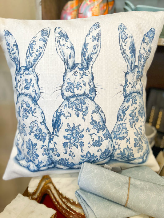 Blue Chinoiserie Triple Bunny Square Pillow