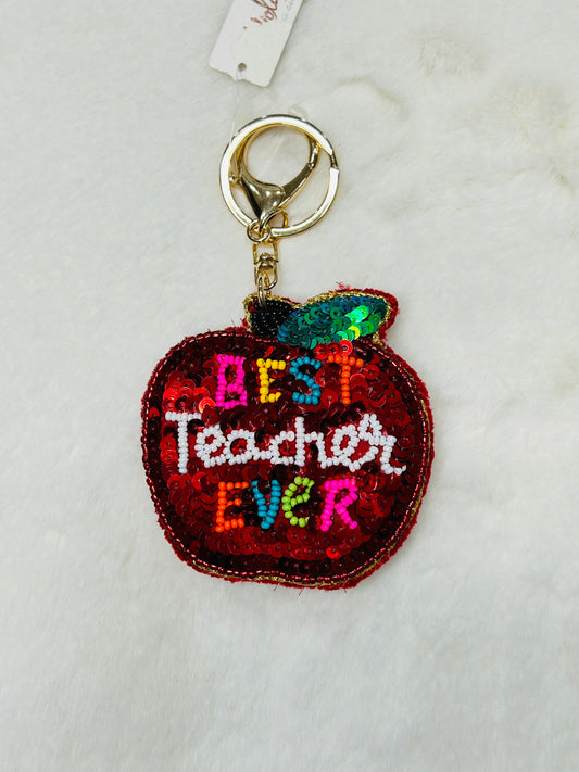 Best Teacher Ever Sequins Apple Keychain