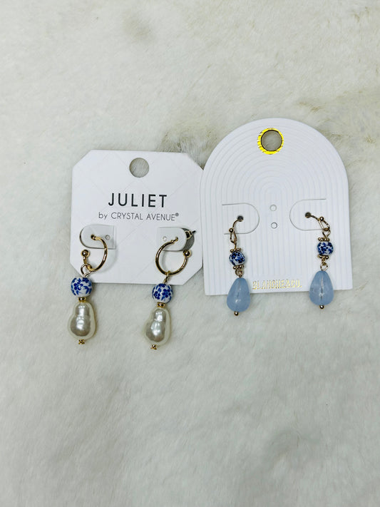 Stella Watercolor Blue/White Bead Pearl Dangle Earrings
