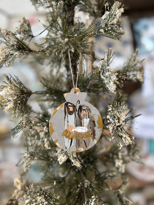 Light Grey Nativity 3.5" Wooden Ornament