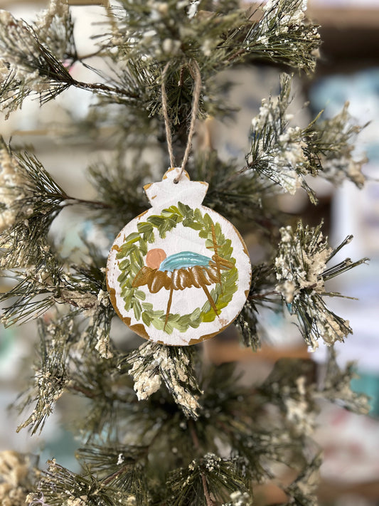 White Baby in a Manger 3.5" Wooden Ornament