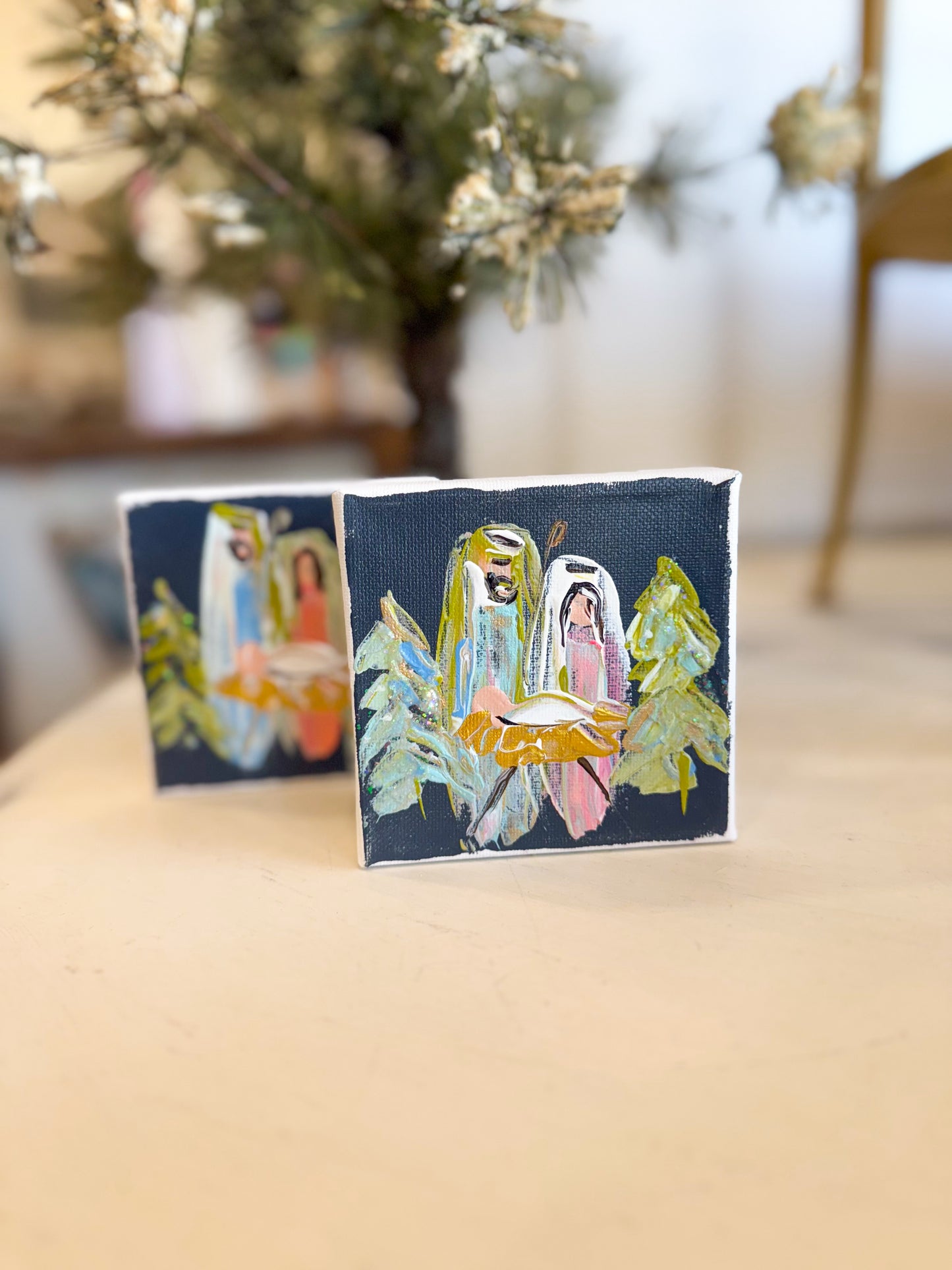 4x4 Dark Grey Holy Night Nativity with Trees — Hand-Painted Art