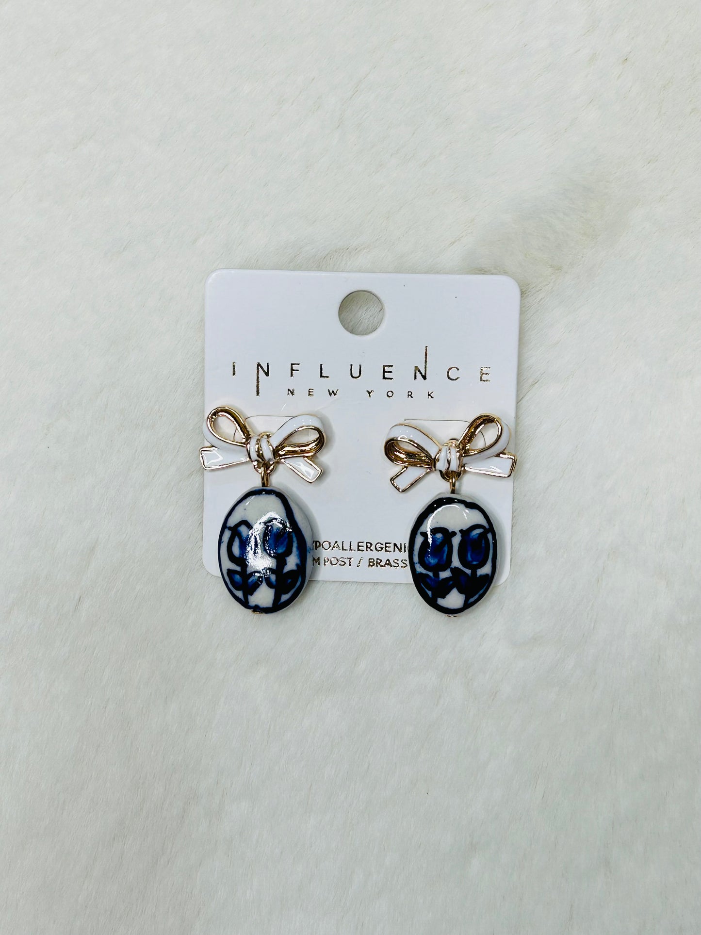 Sadie White Bow Blue Watercolor Earrings