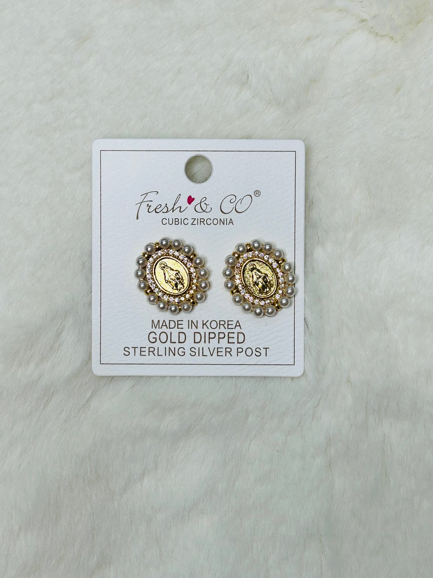 Full of Grace Miraculous Medal Gold, Pearl, & Diamond Stud Earrings