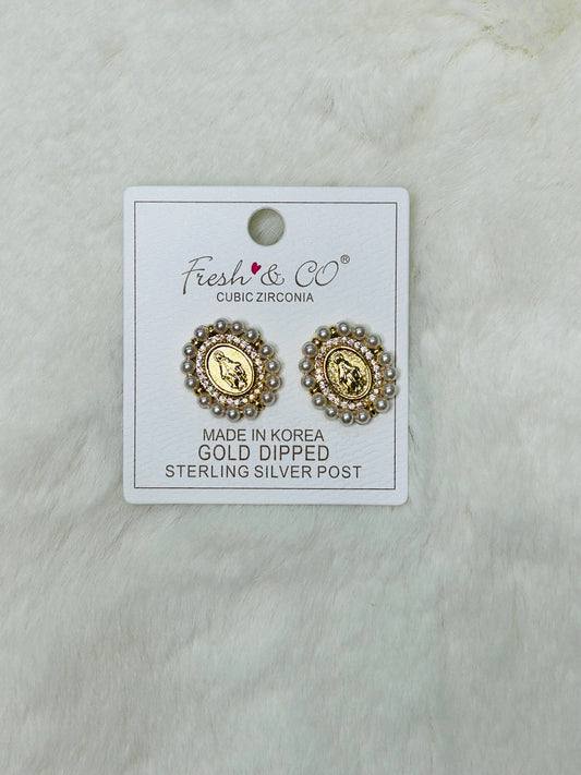 Full of Grace Miraculous Medal Gold, Pearl, & Diamond Stud Earrings