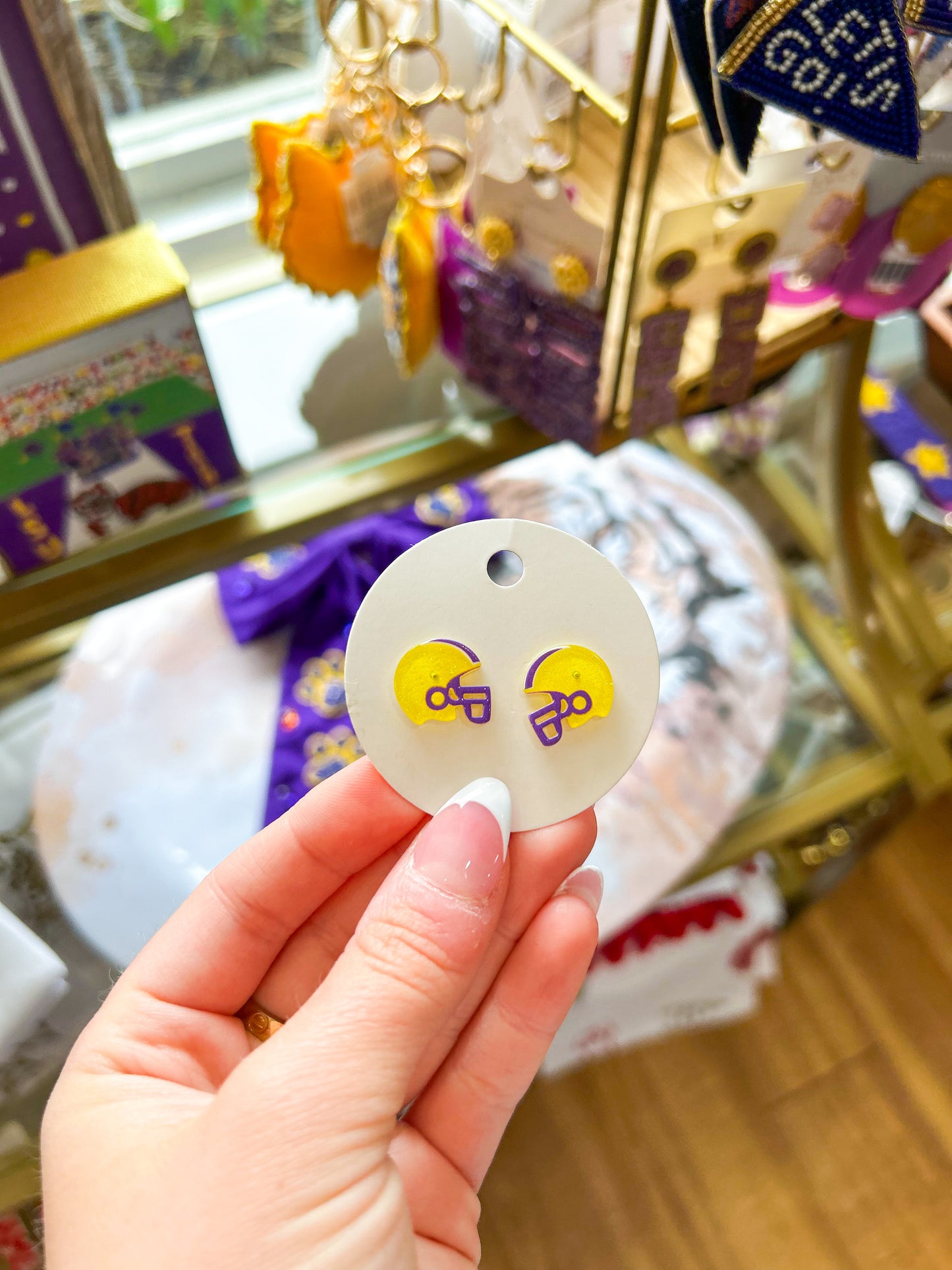 Purple and Gold Acrylic Helmet Earrings
