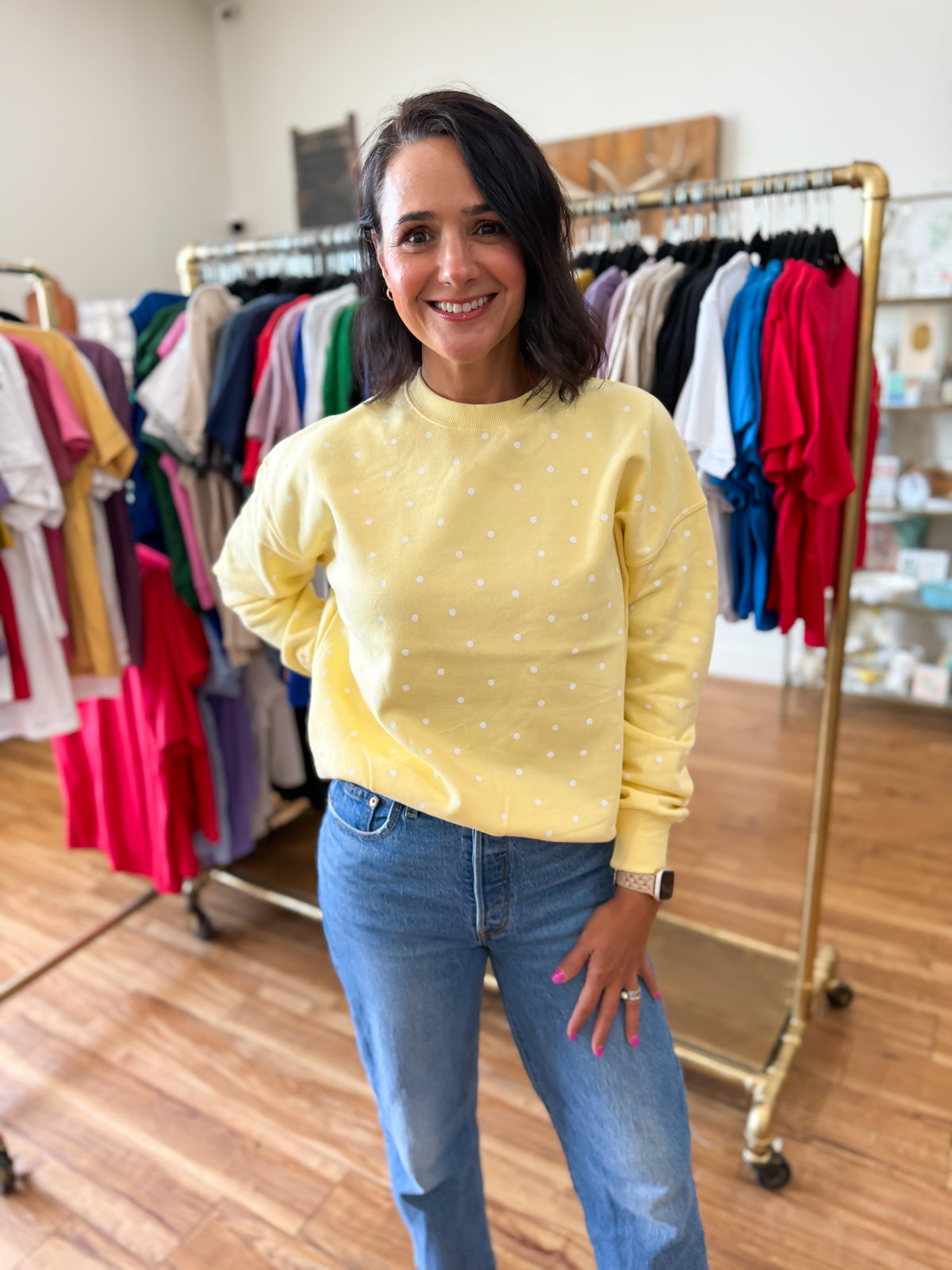 Fleece Babe Polka Dot Crew Neck Sweatshirt- Light Yellow