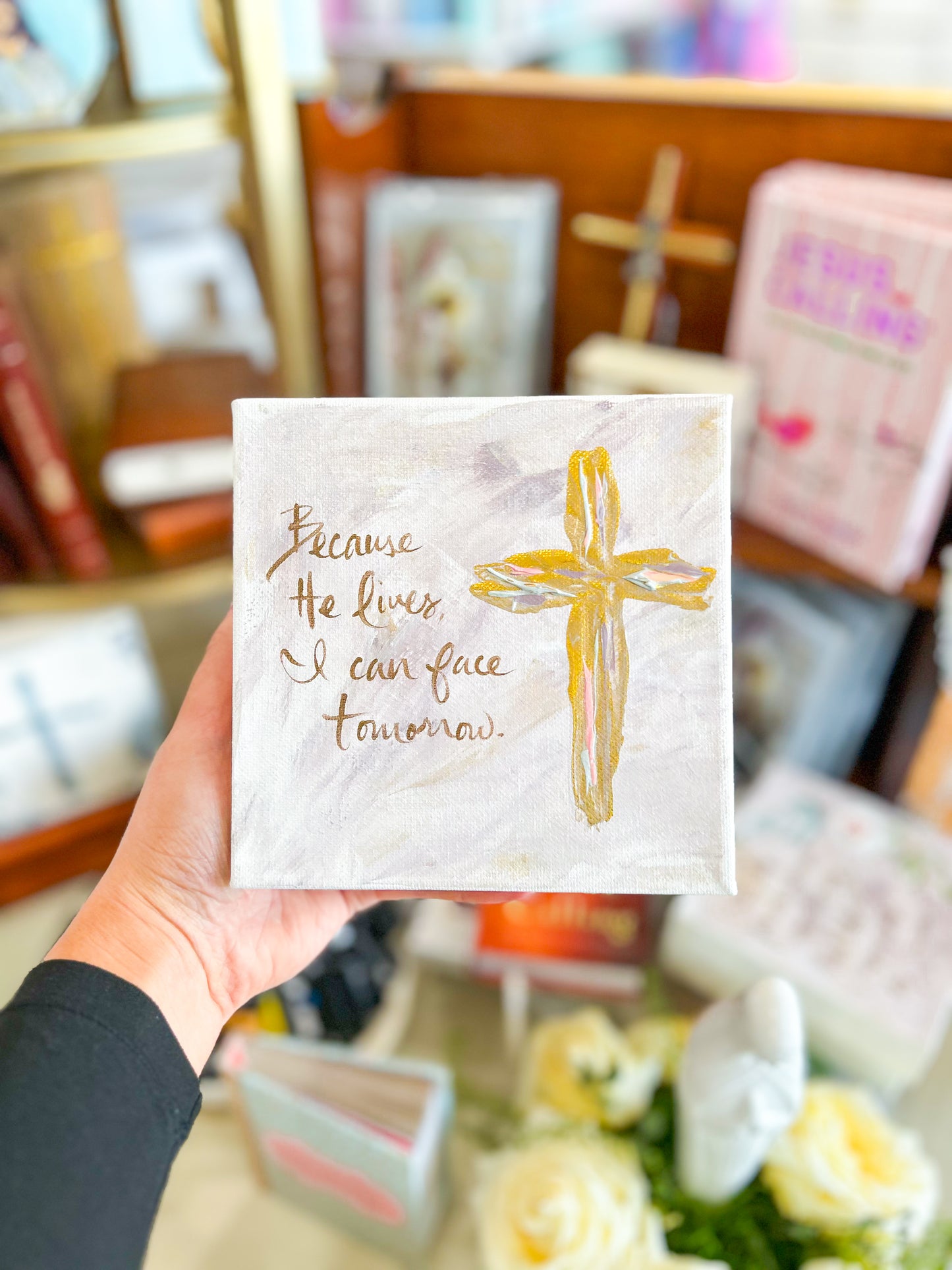 6x6 Because He Lives Gold Cross