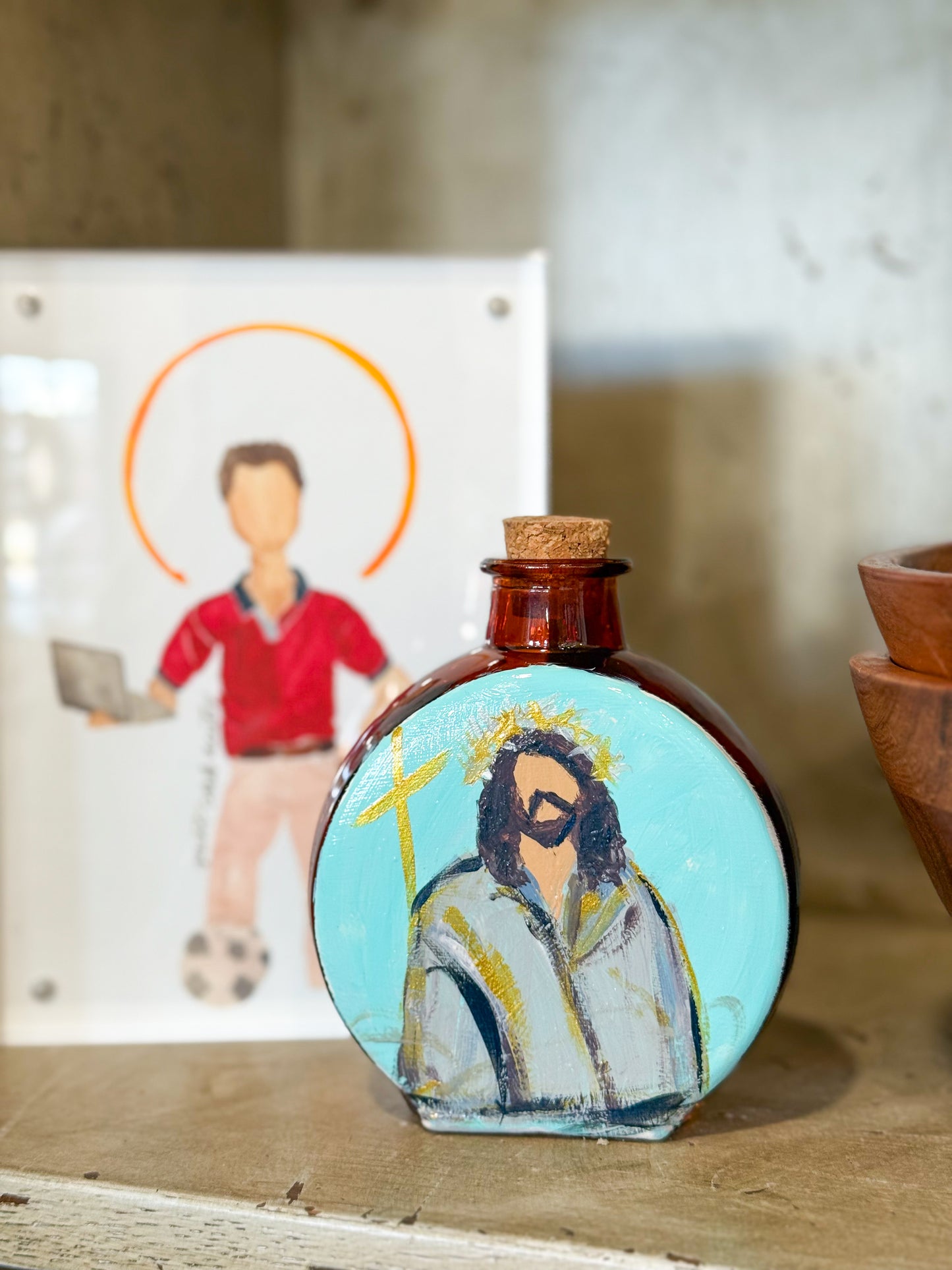 Christ Our Savior Holy Water Vessel- Brown Glass