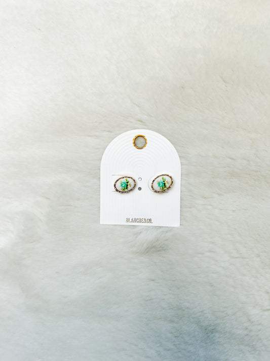 Green Floral White Stud Earrings