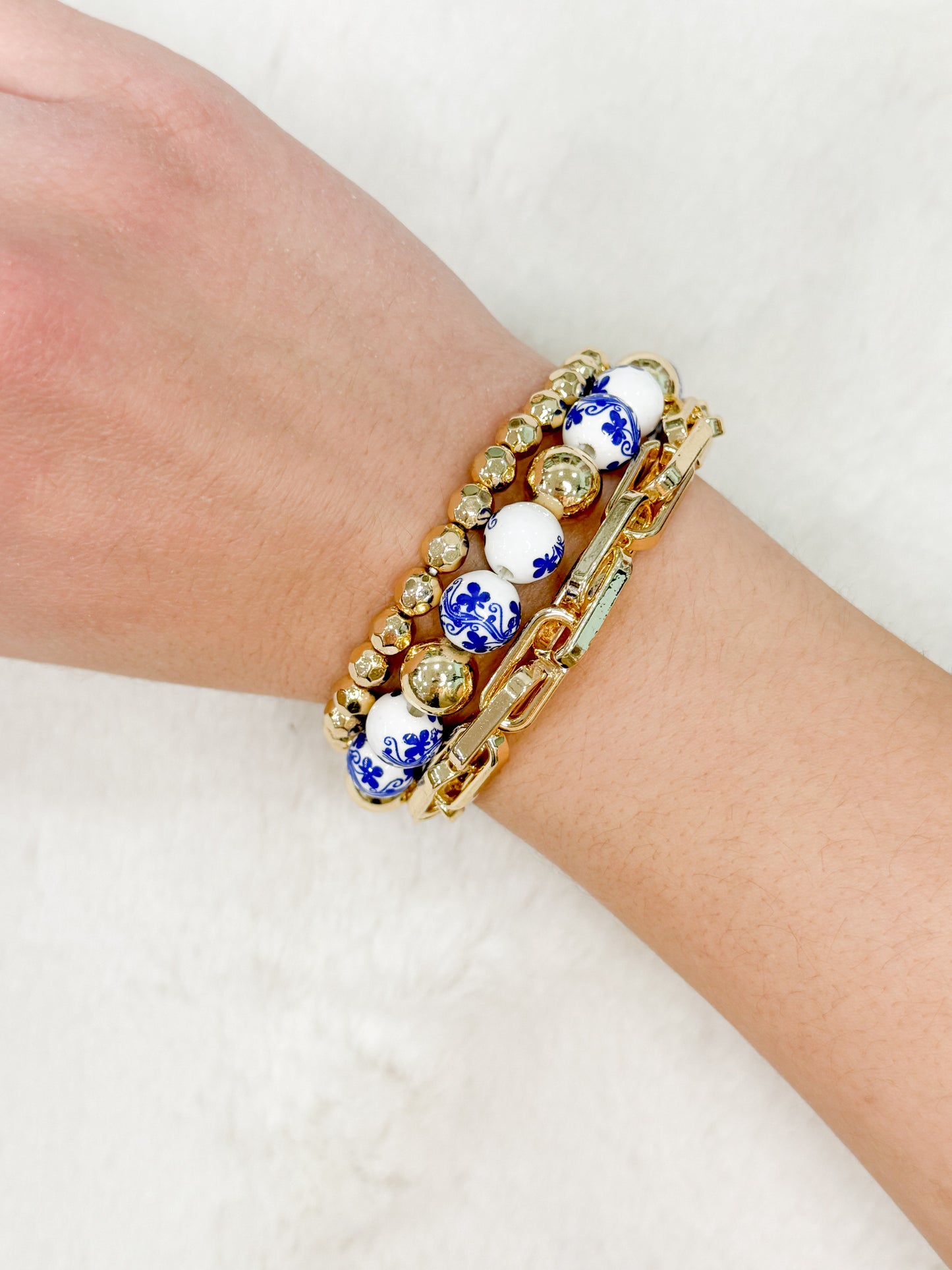 Blue & White Floral Beads Gold Stack Bracelets