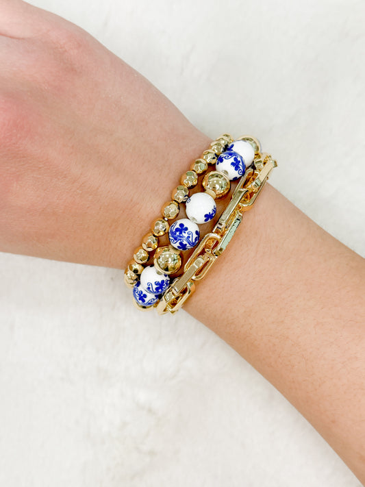 Blue & White Floral Beads Gold Stack Bracelets