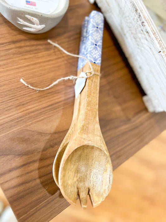 Blue and White Tile Pattern Wooden Servers