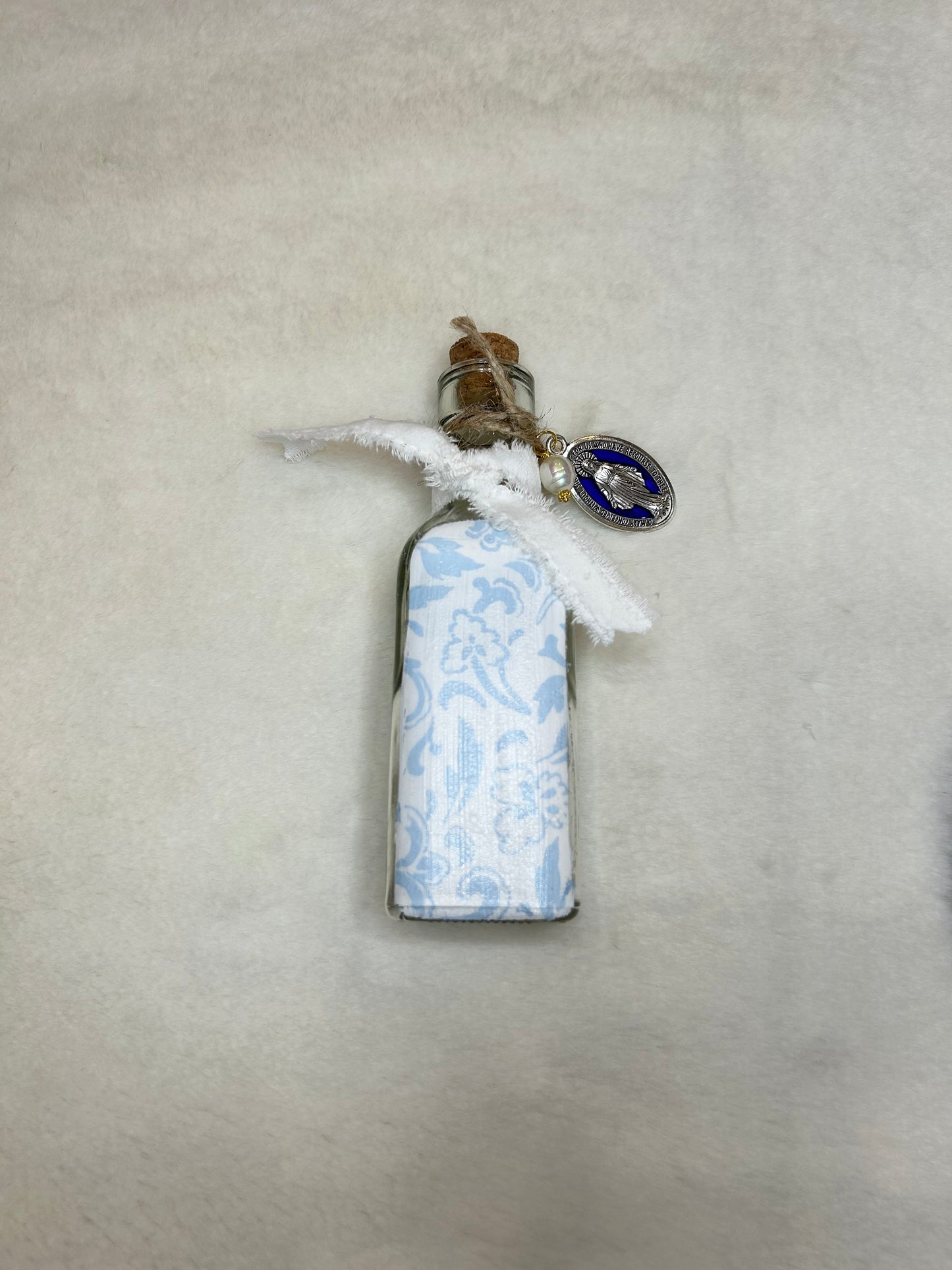 Sky Blue Damask Mary Holy Water Container