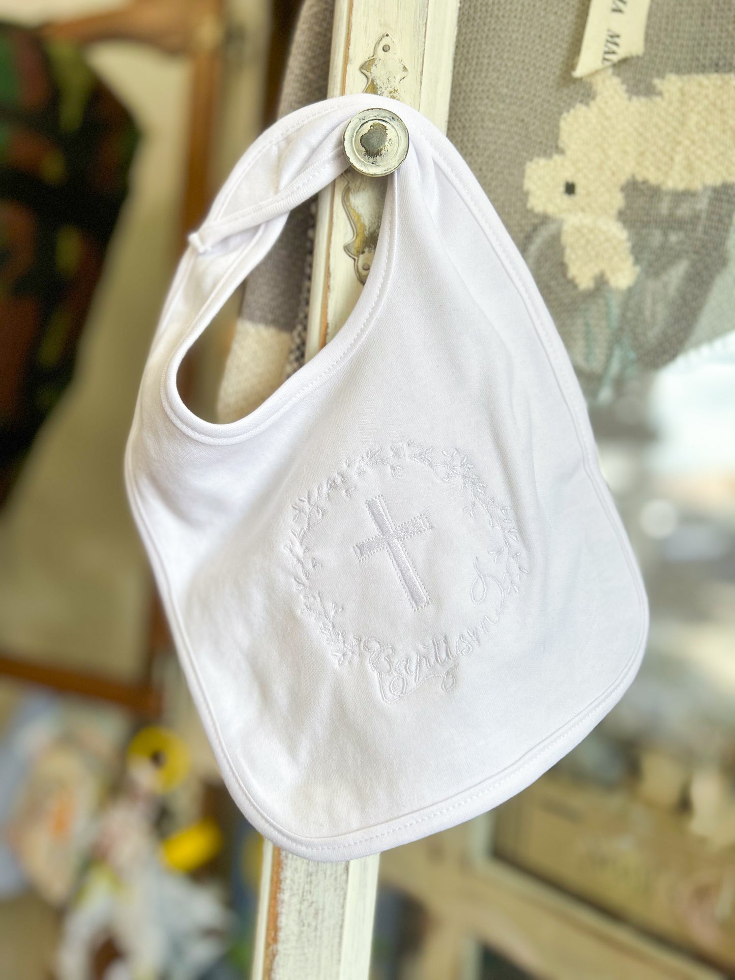White Baptism Cross Bib