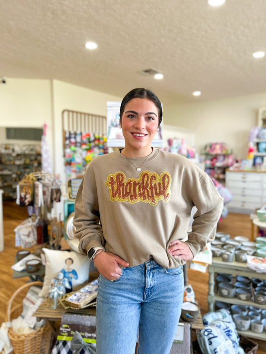 Sequin Thankful Sweatshirt- Mocha