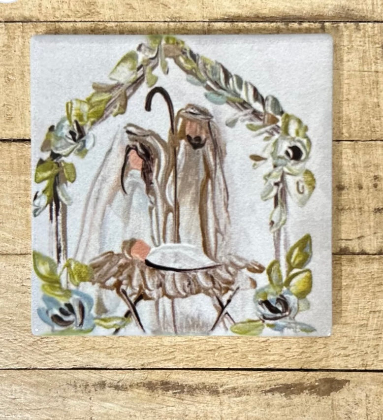 GA Nativity with Greenery Coaster