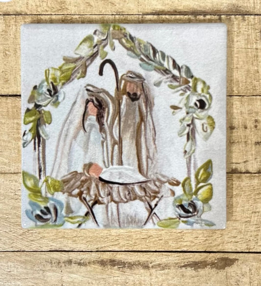 GA Nativity with Greenery Coaster