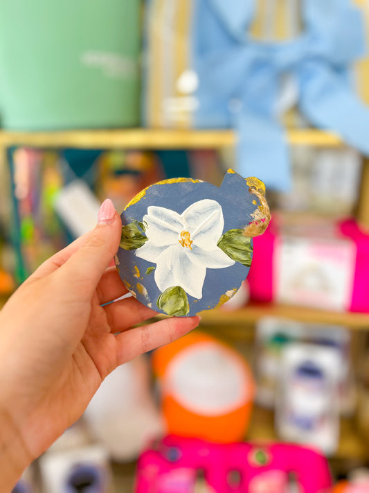 White Blossom Ornament with Blue Background Ornament