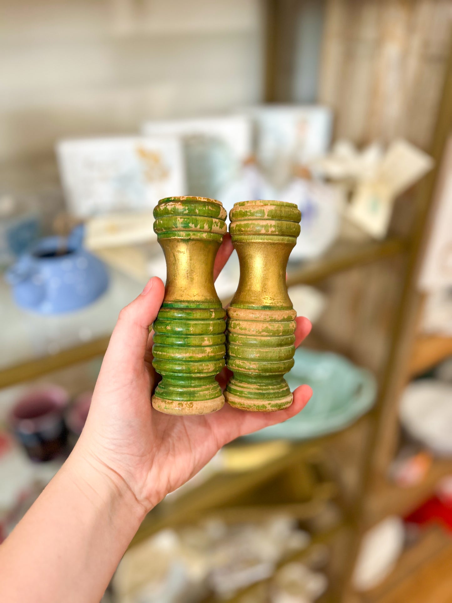 Vintage Green & Gold Wooden Salt + Pepper Shakers