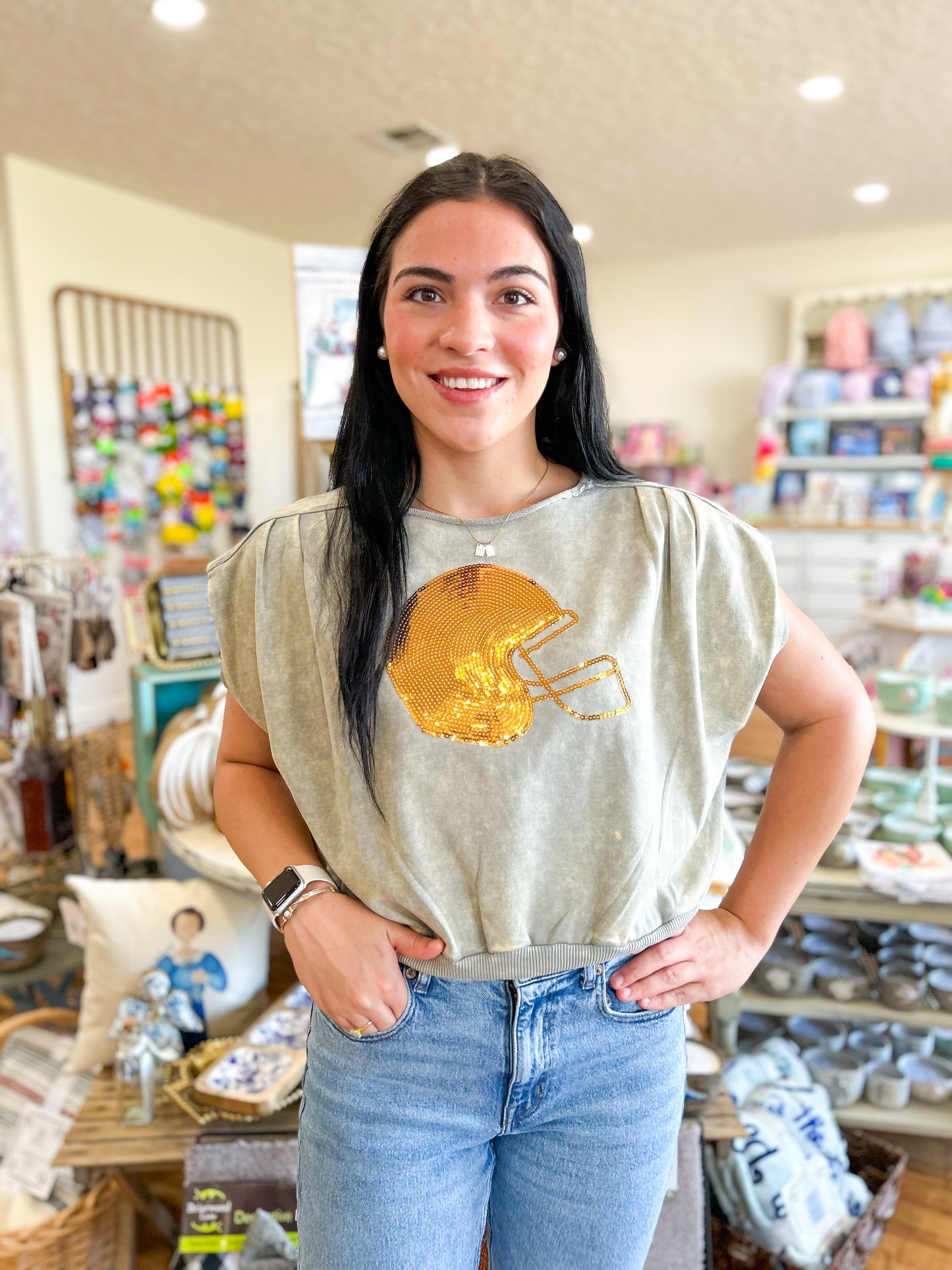 Glitzy Football Top- Grey