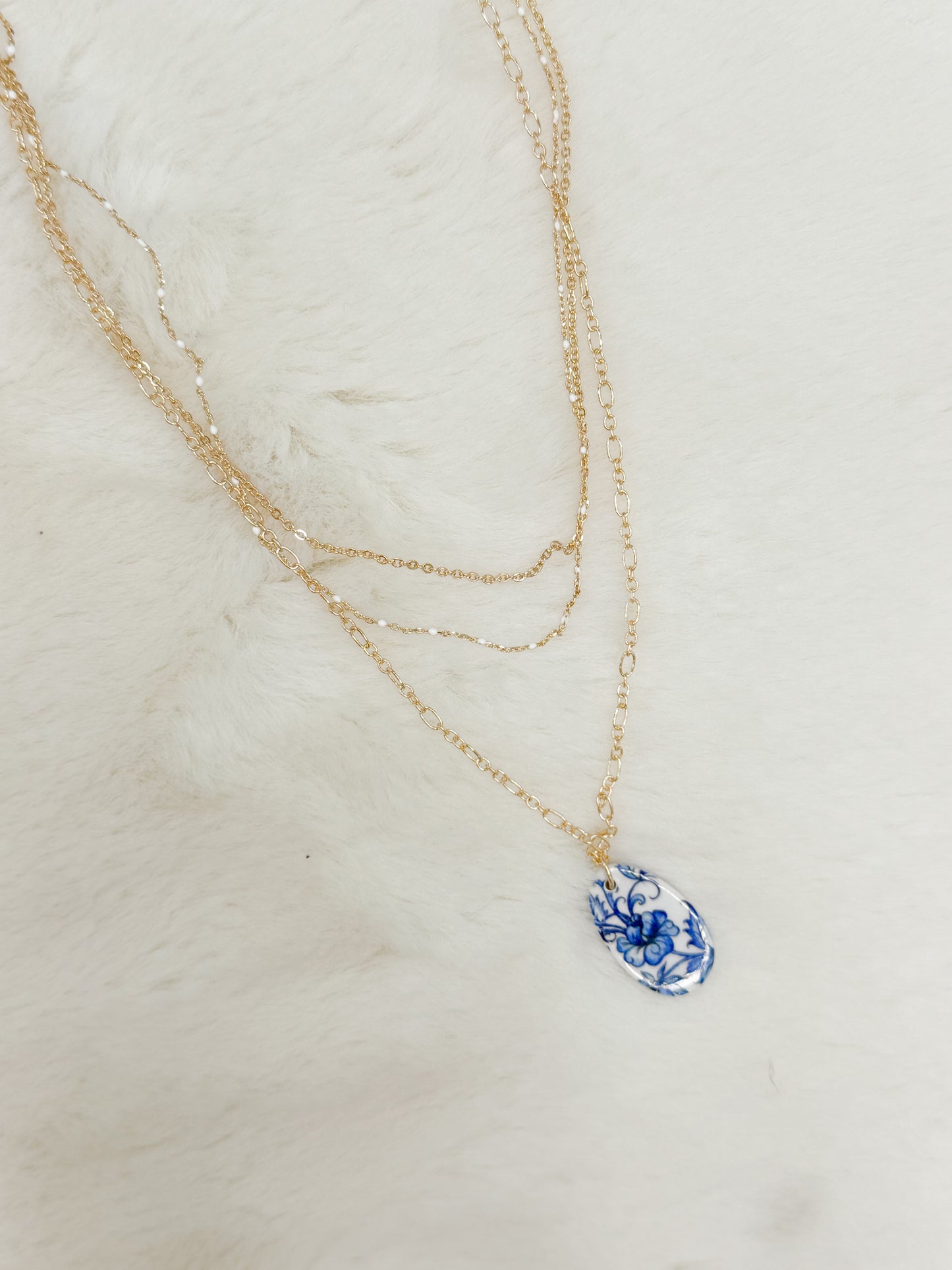 Blue & White Flower Layered Statement Necklace Gold