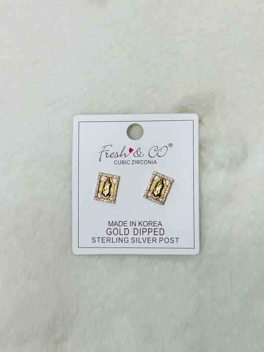 Immaculate Light Our Lady of Guadalupe Medal Gold & Diamond Stud Earrings