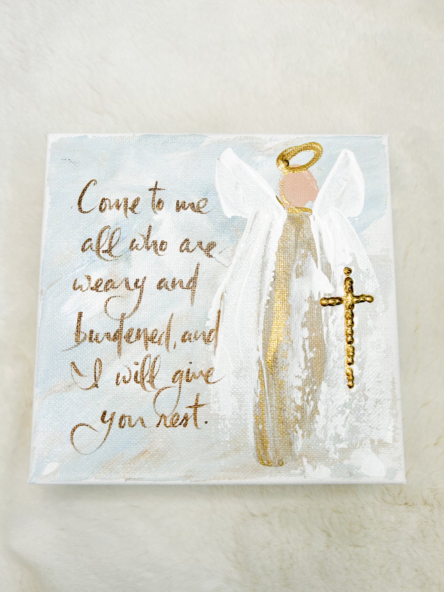 6x6 Come To Me All Gold Angel with Blue Background