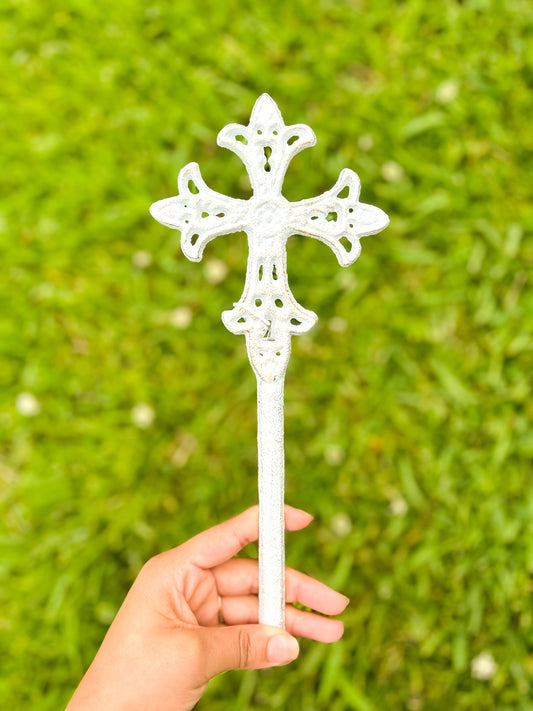 White Mini Cast Iron Cross Stake