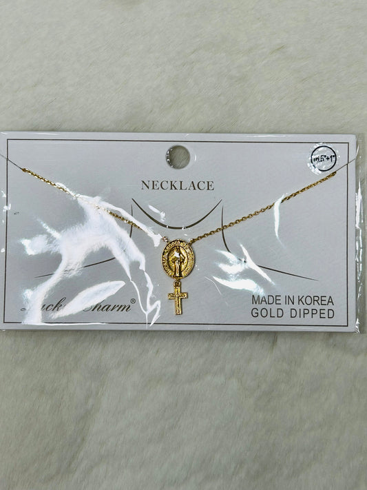 Cross & Mary Miraculous Medal Gold Necklace