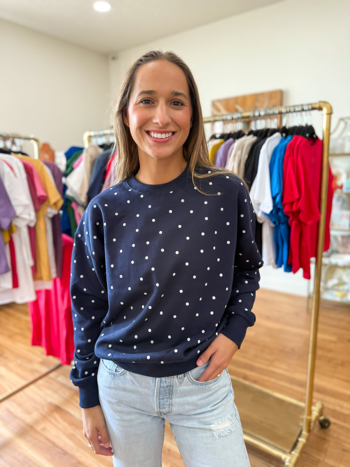 Fleece Babe Polka Dot Crew Neck Sweatshirt- Deep Navy