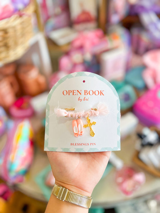 Open Book Med Pin/2 Charm: Ballet Shoes, Crucifix, & Pink Ribbon wrap