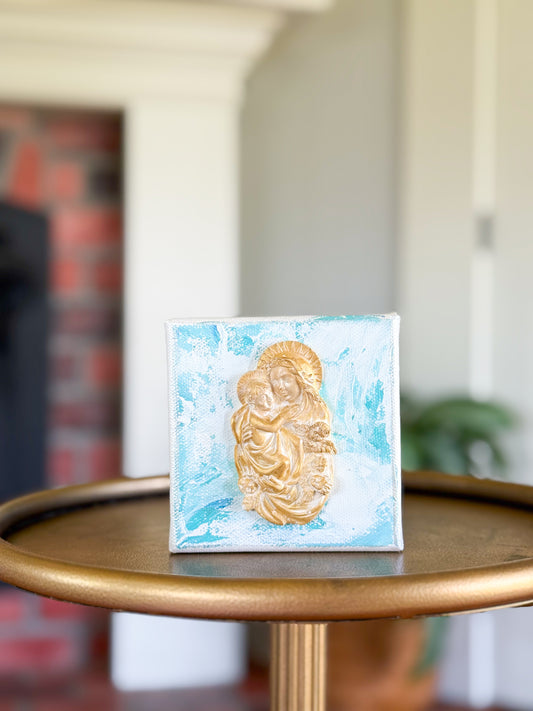 Madonna & Child on 4x4 Teal/White Canvas