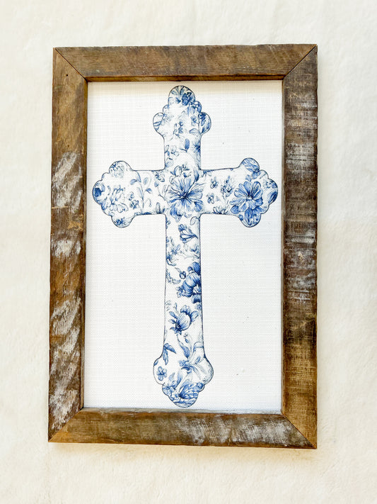 Blue Chinoiserie Cross 12x18 Framed Art