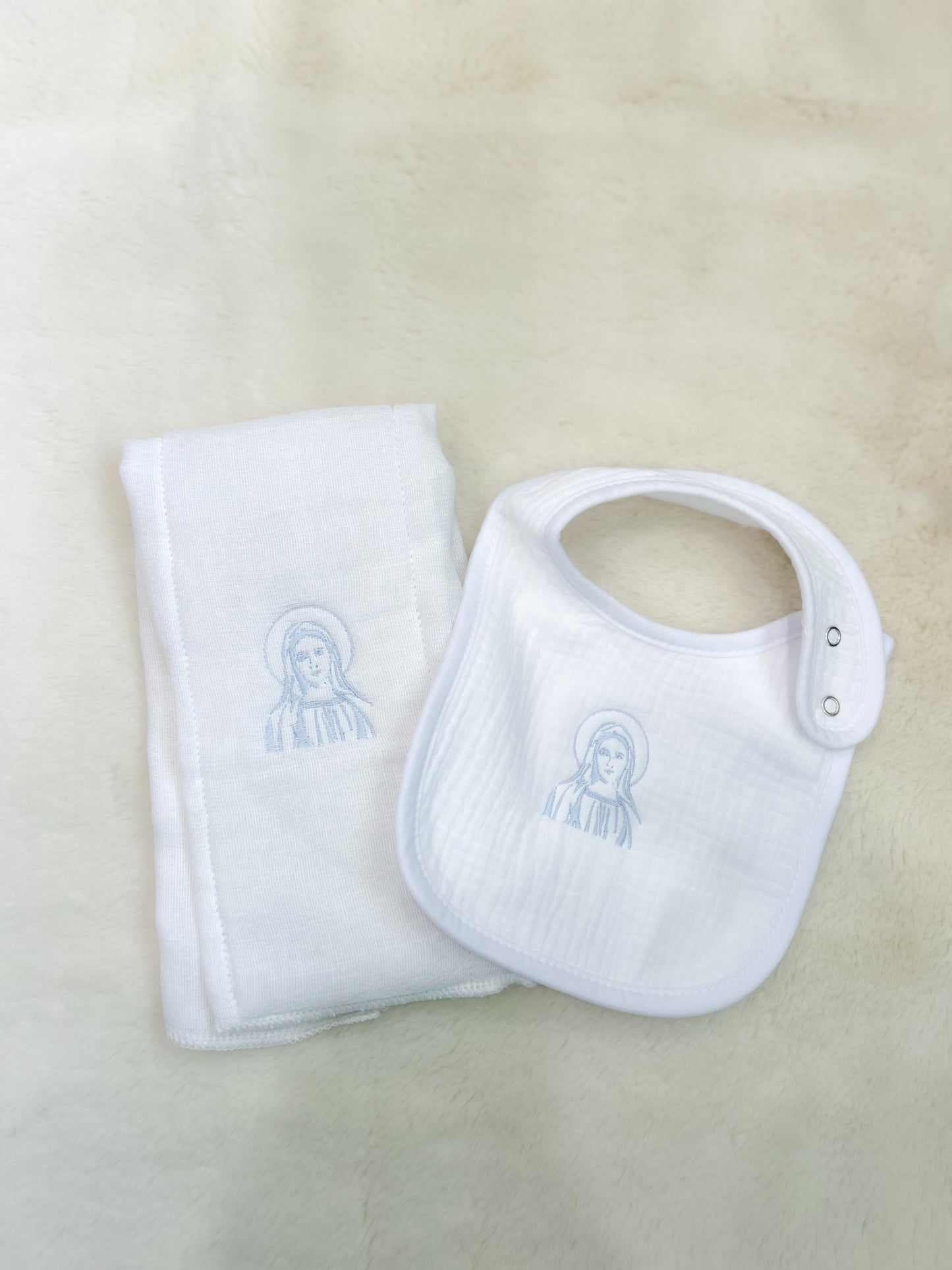 Mary Pray For Us Bib and Burp Cloth