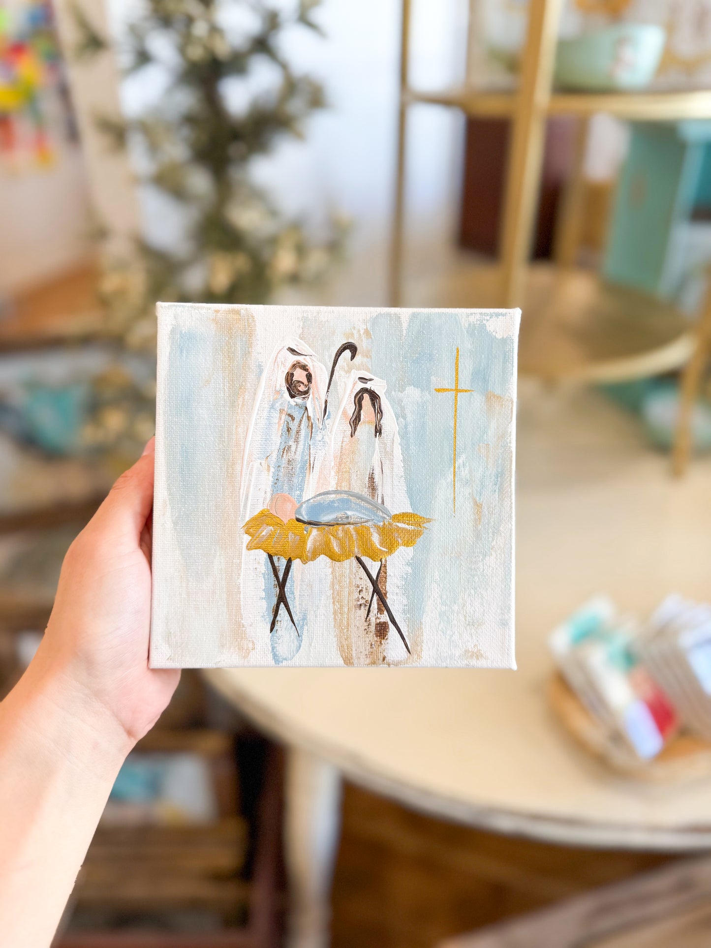 6x6 Blue Holy Night Nativity — Hand-Painted Art