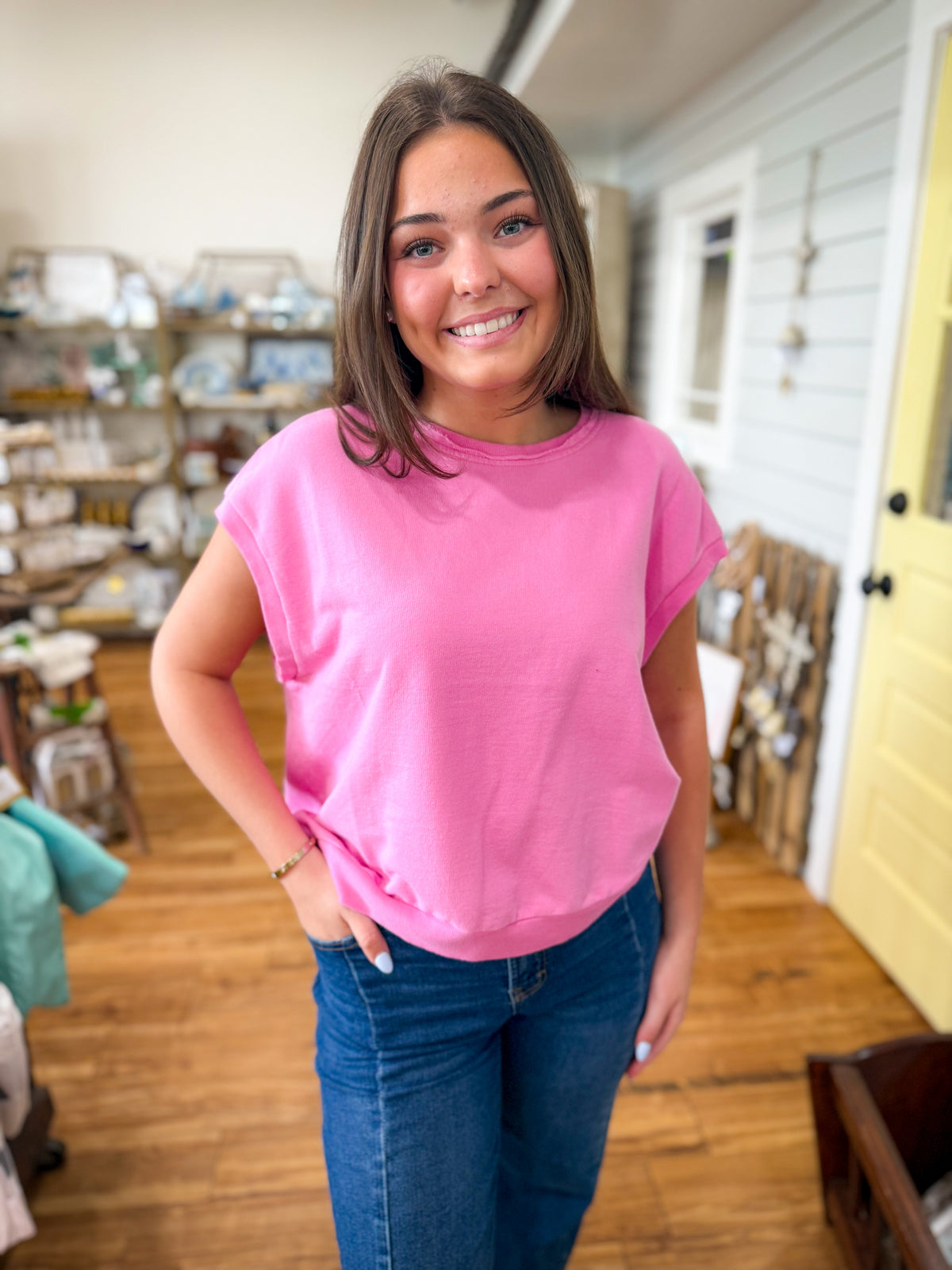 French Terry Sleeveless Top- Candy Pink
