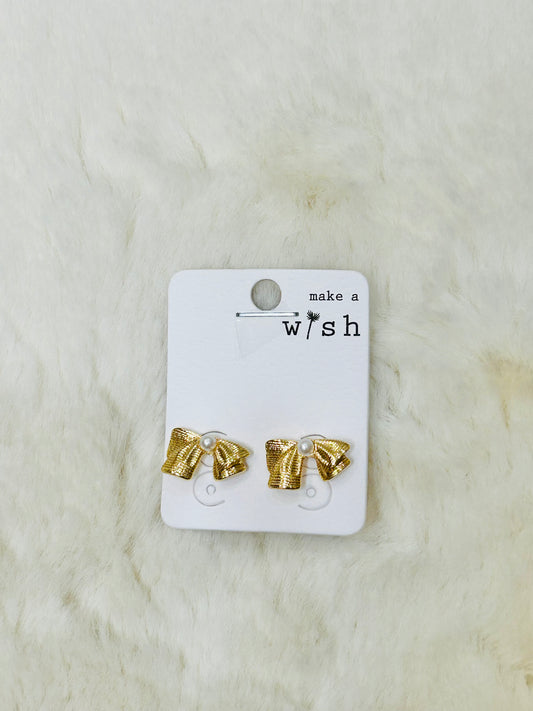 Bella Ribbon Style Gold & Pearl Stud Earrings