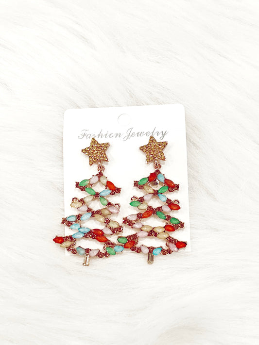 Colored Rhinestone Christmas Tree Earrings