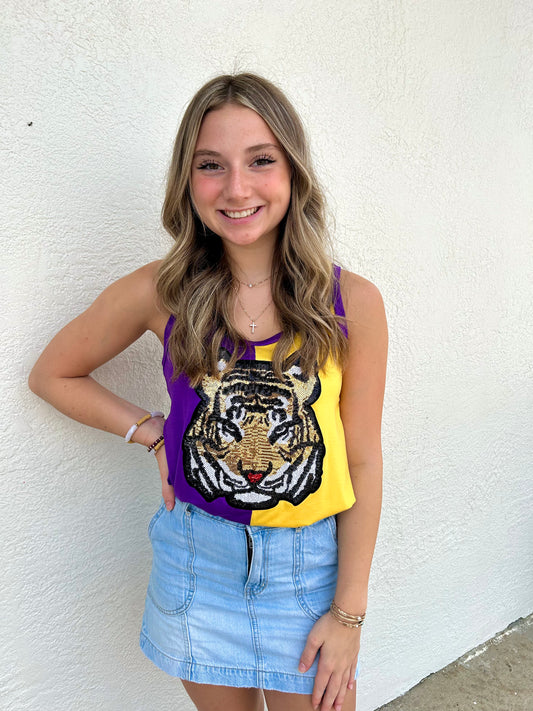 Purple/Gold Sequin Tiger Tank