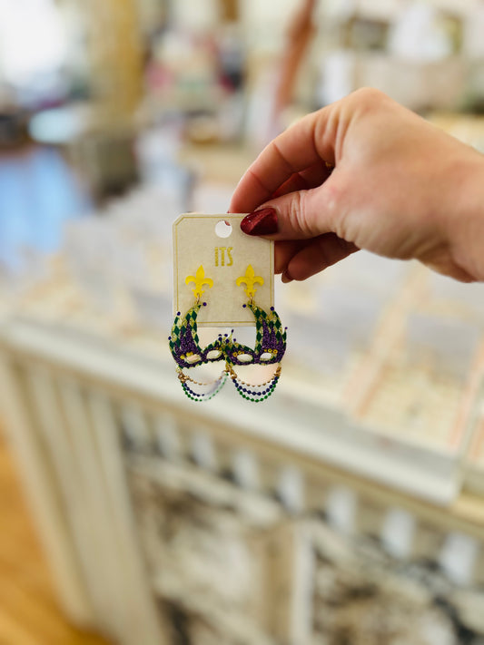 Dangle Fleur de Lis Mask Mardi Gras Earrings