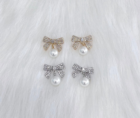 Rhinestone Pearl Dangle Bow Earrings