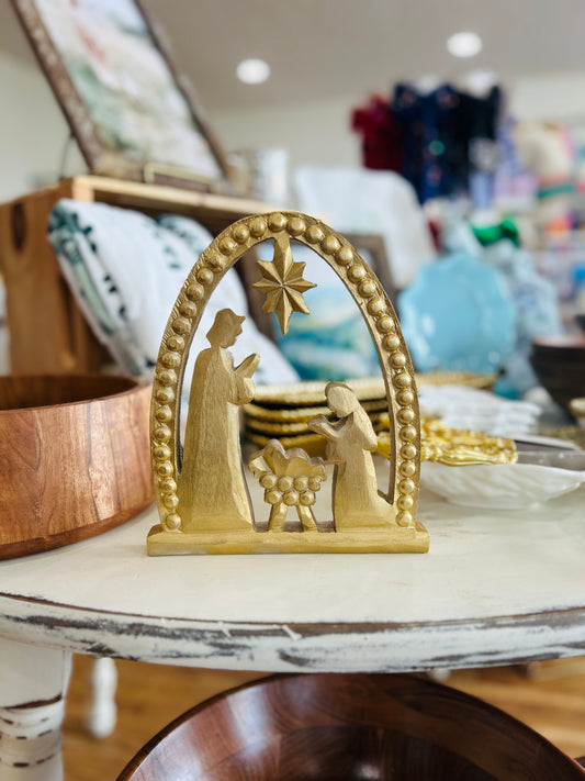 Gold Wooden Arched Nativity- White Wash Backing