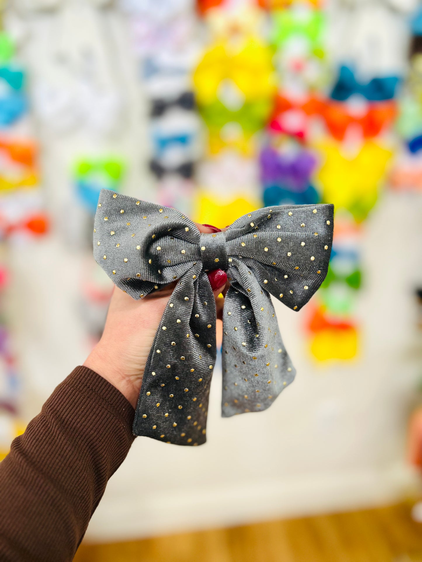 Velvet Hair Bow with Gold Dots