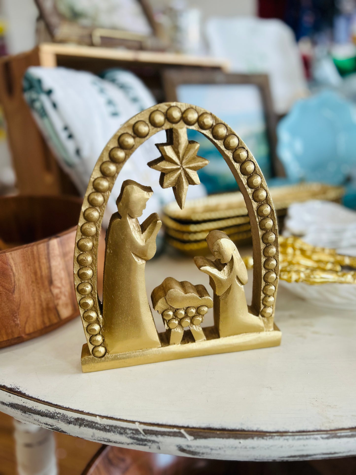 Gold Wooden Arched Nativity- Wood Backing