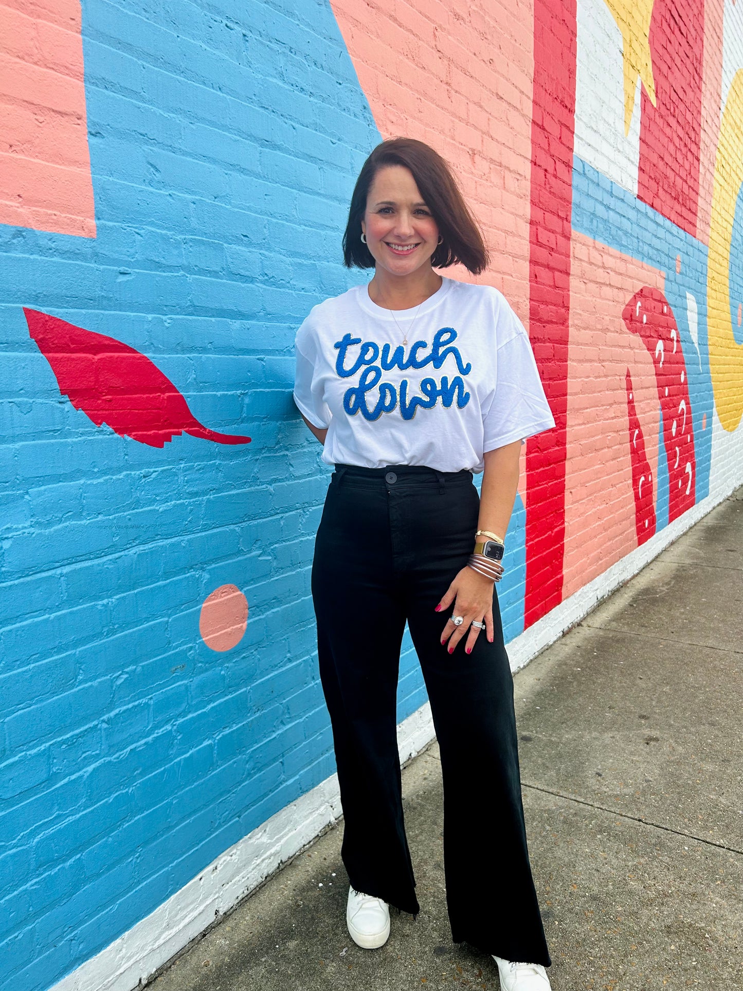 Blue & White Touchdown Chenille Patch Tee