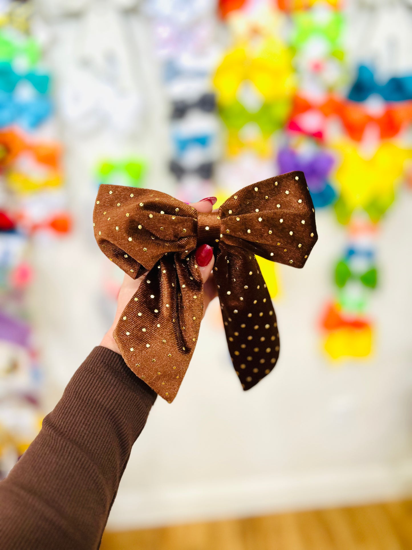 Velvet Hair Bow with Gold Dots